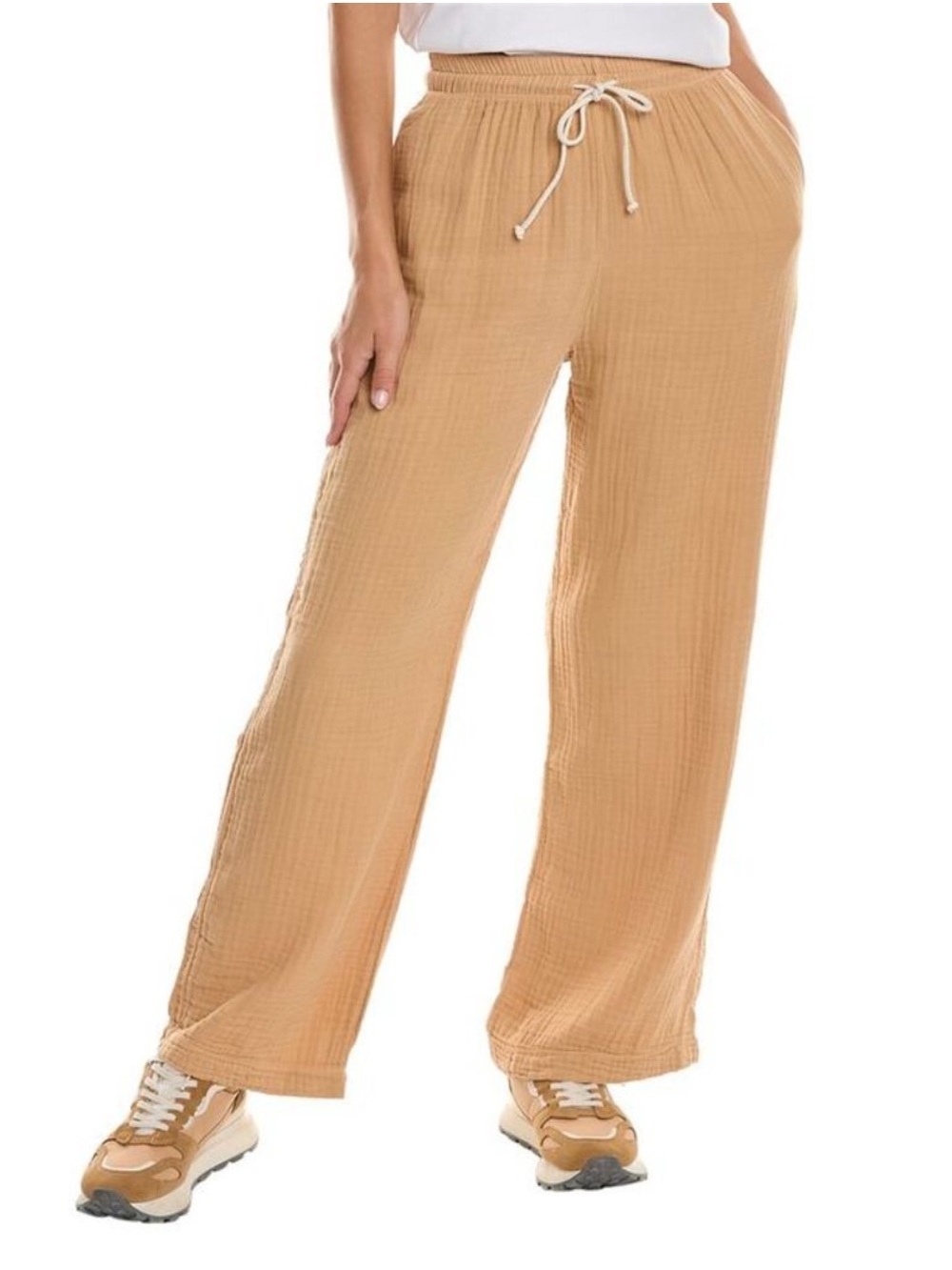 DONNI Bubble Gauze Wide Leg Pants sand Drawstring Lounge Beach large new